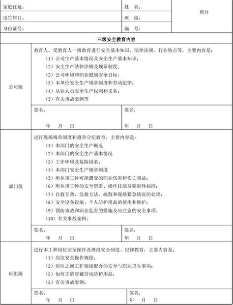 员工三级安全教育记录卡精简版文档之家