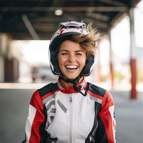 Mujer Joven Riendo Con El Pelo Corto Con Ropa De Moto Y Casco De