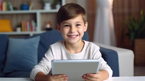 Un Ni O Alegre Explora El Mundo De La Tecnolog A Infantil Sonriendo