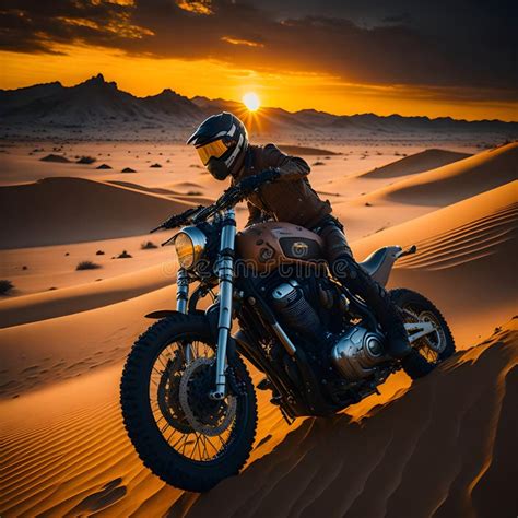 Motorcycle Rider In The Desert At Sunset 3d Illustration Stock