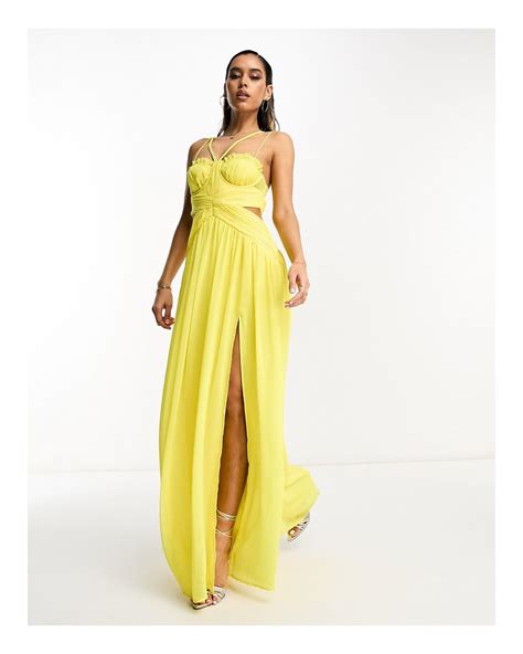 ASOS Ruched Bust Strappy Cut Out Maxi Skater Dress In Yellow Lyst