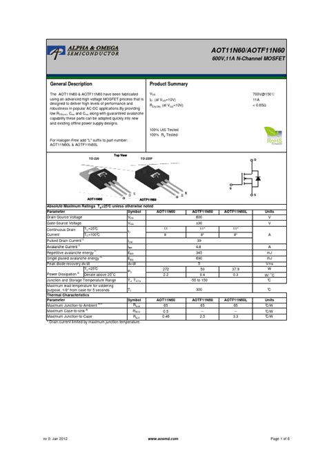 Aot N Alpha Omega Semiconductors Mosfet Hoja De Datos Ficha