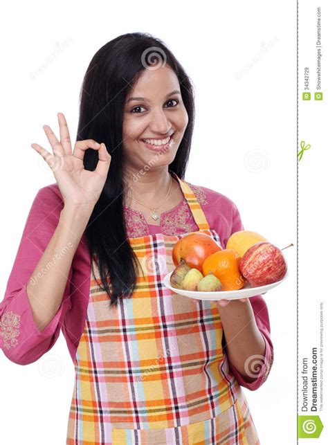 Young Happy Woman With Plate Of Fruits Stock Image Image Of Apple