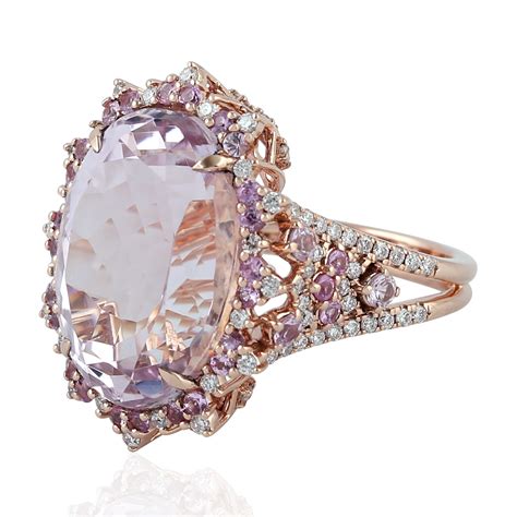 Oval Kunzite Gemstone Cocktail Ring Size 7 Studded Diamond 18k Rose ...