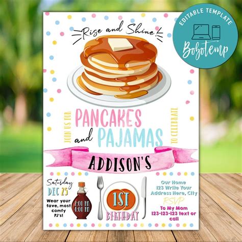 Pancakes And Pajamas Printable Invitations Instant Download