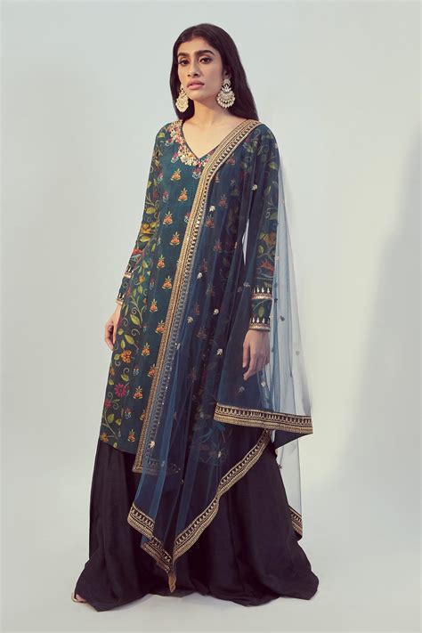 Buy Drishti Zahabia Blue Dupion Silk Floral Print Kurta Palazzo Set