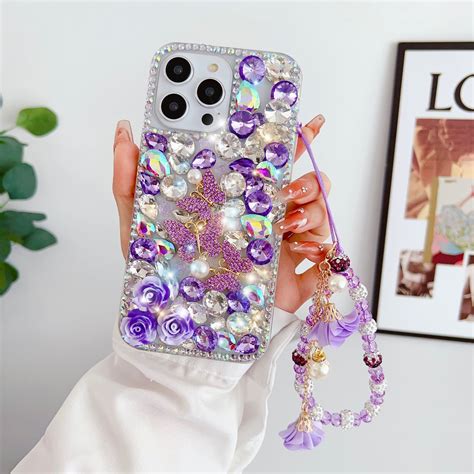 For Iphone 13 Pro Max Bling Rhinestone Case With Wrist Lanyard Cute Luxury 3d Diamond Butterfly