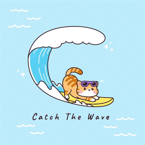 Premium Vector | Cute cat cartoon drawing surfing with waves in summer