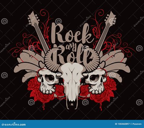 Rock And Roll Banner With Guitar Skulls And Roses Stock Vector