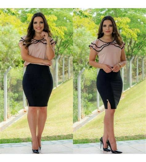 Conjunto Executiva Confeccionado Camisa Crepe Ecom Vi S Preto Saia