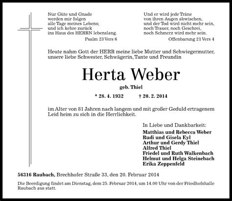 Traueranzeigen Von Herta Weber Rz Trauer De