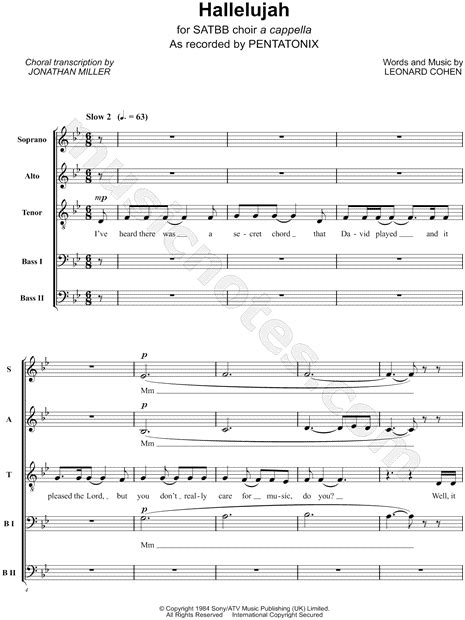 Pentatonix "Hallelujah" (arr. Jonathan Miller) SATBB Choir A Cappella Choral Sheet Music in Bb ...