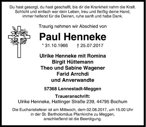 Traueranzeigen Von Paul Henneke Trauer In Nrw De