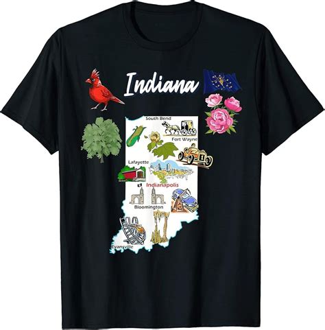 Illustrated Map Of Indiana State In Us Cities And Symbols T Shirt