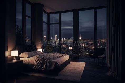 Generative Ai Illustration Of Luxury Penthouse Bedroom At Night Stock