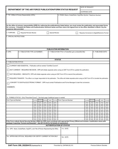 Daf Form 399 Department Of The Air Force Publicationform Status