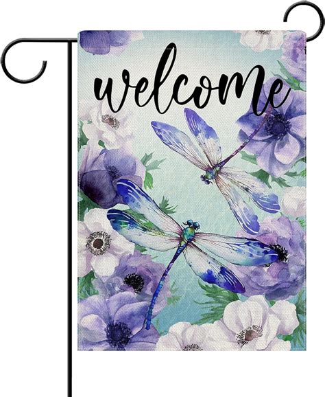 Hguan Welcome Spring Summer Dragonfly Decorative Garden Flag Purple