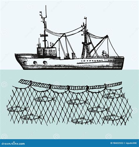 Vector Del Barco Pesquero Fisheries Pescados En El Ejemplo Del Dibujo