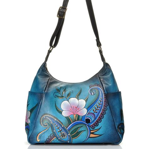 Anuschka Denim Paisley Floral Hand Painted Leather Shoulder Bag