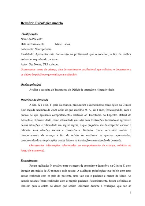 Modelo relatorio tdah Relatório Psicológico modelo Identificação