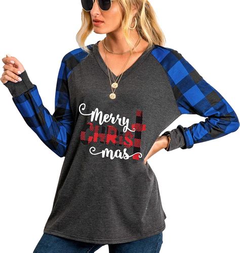 Women´s Christmas T Shirts Women Funny Christmas Stripe Long Sleeve V