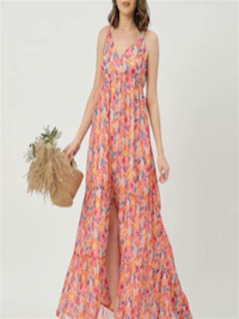 Buy Moomaya Floral Printed V Neck Sleeveless Cut Outs Tiered Maxi Dress