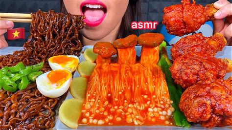 Asmr Eating Black Bean Noodles Spicy Fried Chicken Spicy Enoki And King