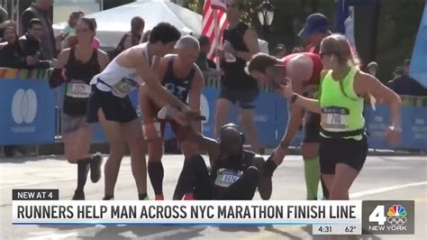 Nyc Marathon Runners Help Man Across Finish Line Youtube