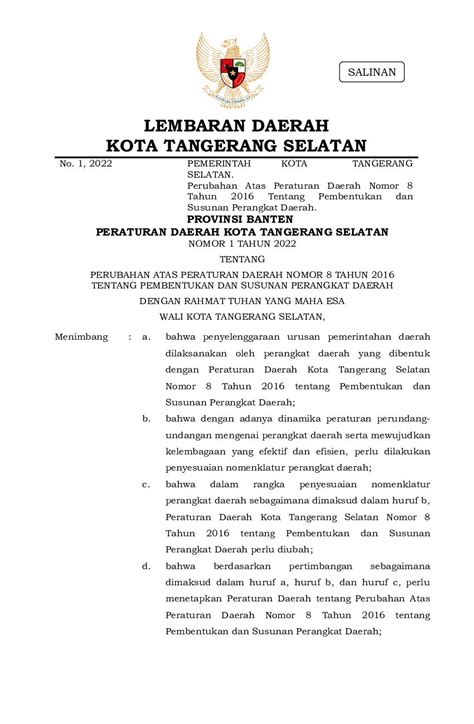 Peraturan Daerah Kota Tangerang Selatan No Tahun Tentang