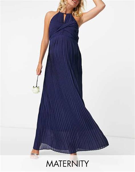 Tfnc Maternity Bridesmaid Pleated Wrap Detail Maxi Dress In Navy Asos