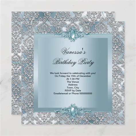 Elegant Blue Damask Silver Birthday Party Invitation Zazzle