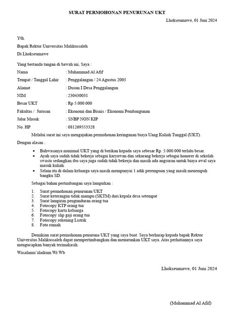 Surat Permohonan Penurunan Ukt Afif Pdf