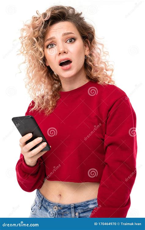 Emotional Caucasian Girl With Curly Fair Hair Chatting With Friends And