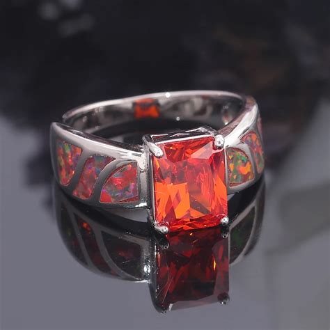 Cinily Created Orange Fire Opal Rings With Orange Square Garnet Silver