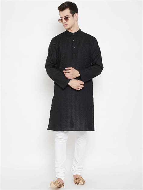 Black Plain Cotton Men Kurtas Even 3381937