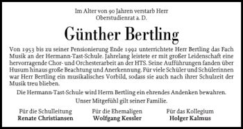 Traueranzeigen von Günther Bertling sh z Trauer