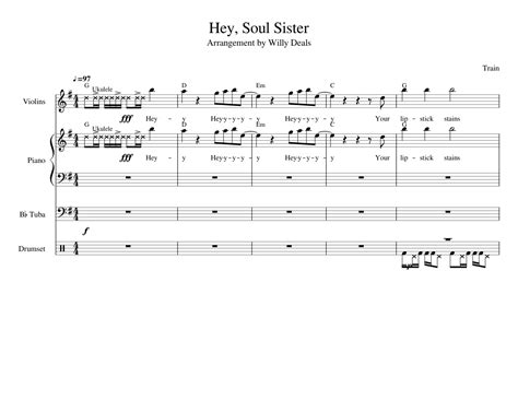 Hey Soul Sister Willy Deals Version Sheet Music For Piano Tuba Drum