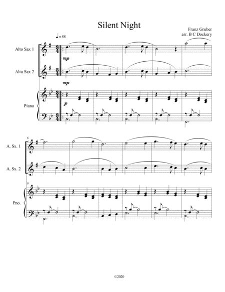 Silent Night Alto Sax Duet With Optional Piano Accompaniment Sheet