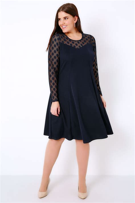 Navy Swing Dress With Polka Dot Mesh Sleeves