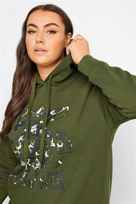 Yours Curve Khaki Green Vintage Slogan Hoodie Yours Clothing