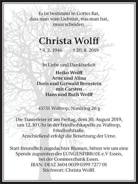 Traueranzeigen Von Christa Wolff Sich Erinnern De