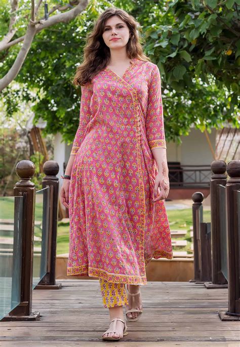 Buy Block Printed Cotton Angrakha Style Kurta Set In Pink Online Tqm399 Utsav Fashion