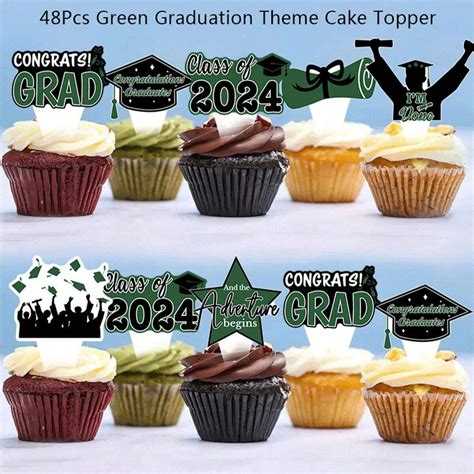 48pcs Toppers De Cupcakes De Graduation Casquette Plus Verte De