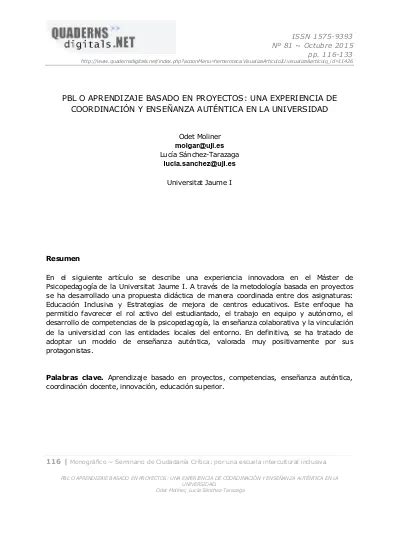 Pbl O Aprendizaje Basado En Proyectos Una Experiencia De Coordinaci N