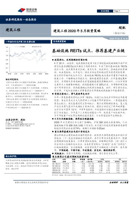 建筑工程2020年5月投资策略：基础设施reits试点，推荐基建产业链