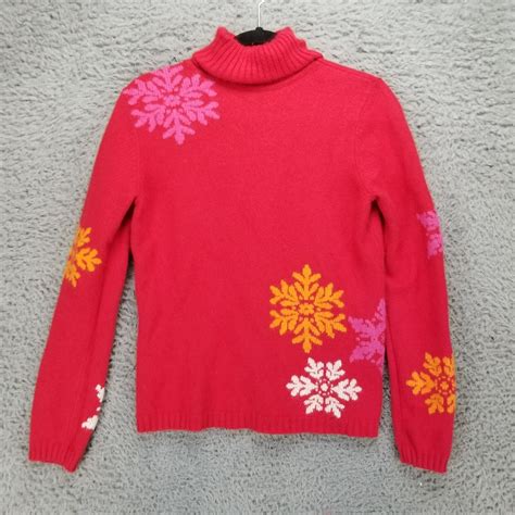 Eddie Bauer Sweater Womens Medium Red Snowflake Long Sleeve Turtleneck Pullover Ebay