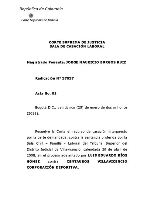 37037 25 01 11 documento República de Colombia Corte Suprema de