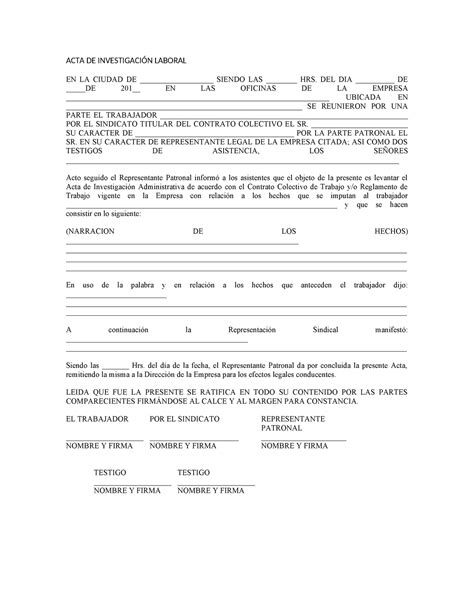 Acta De Investigación Laboral Acta De InvestigaciÓn Laboral En La