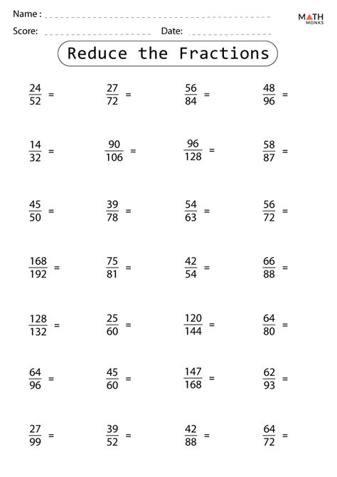 Reducing Fractions Worksheets Math Monks