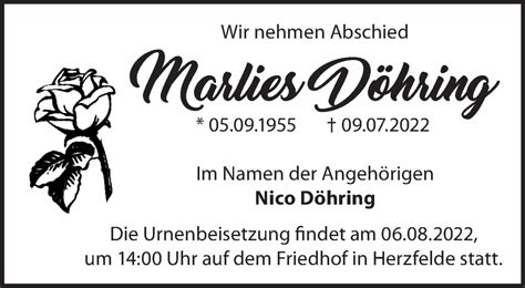 Traueranzeigen Von Marlies D Hring M Rkische Onlinezeitung Trauerportal